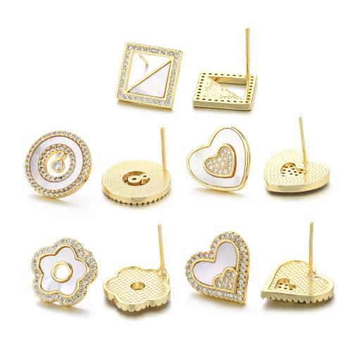 Cubic Zirconia Micro Pave Brass Earring, with Shell, plated, different styles for choice & micro pave cubic zirconia & for woman, gold, Sold By Pair