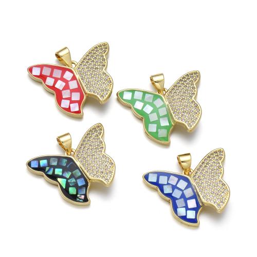 Cubic Zirconia Micro Pave Brass Pendant with Shell Butterfly plated DIY & micro pave cubic zirconia & enamel Sold By PC