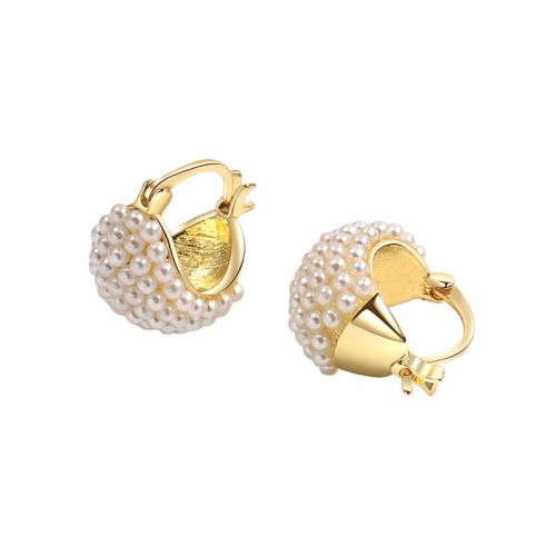 Brass Leverback Earring, with Plastic Pearl, plated, for woman, golden, 14.80x11mm, Sold By Pair