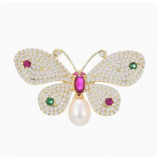 Tibetan Style Brooches, with Plastic Pearl, plated, for woman & with rhinestone, golden, 21.30x36.30mm, Sold By PC