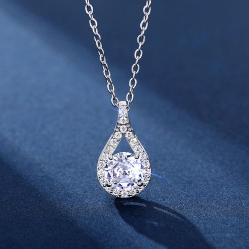 Brass Necklace, Teardrop, platinum plated, oval chain & micro pave cubic zirconia & for woman & hollow, Length:Approx 15.7 Inch, Sold By PC