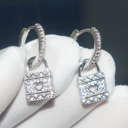 Brass Huggie Hoop Drop Earring Lock plated micro pave cubic zirconia & for woman Sold By Pair