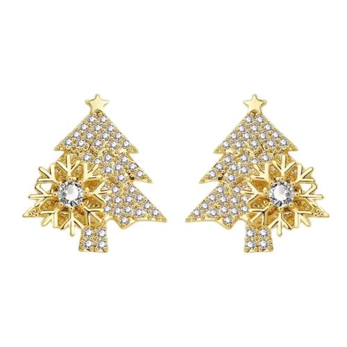 Brass Stud Earring, Christmas Tree, plated, Christmas jewelry & micro pave cubic zirconia & for woman, more colors for choice, 15x17mm, Sold By Pair