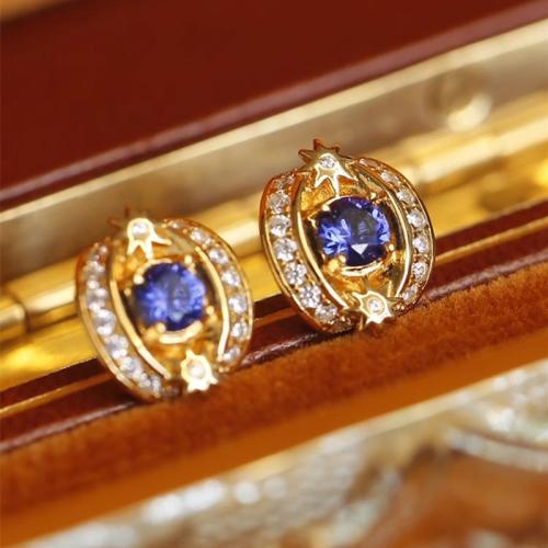 Brass Stud Earring gold color plated micro pave cubic zirconia & for woman Sold By Pair