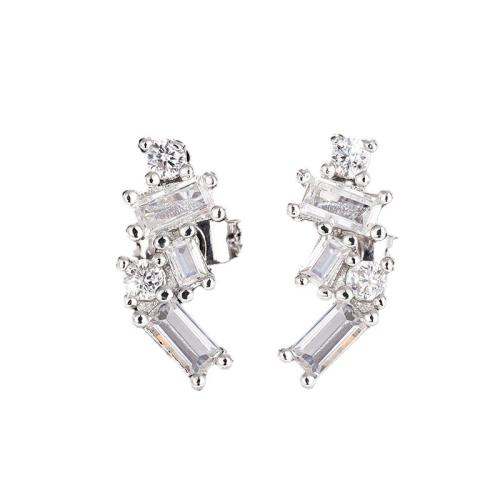 Brass Stud Earring, Geometrical Pattern, platinum plated, micro pave cubic zirconia & for woman, 13x6mm, Sold By Pair