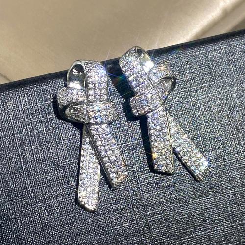 Brass Stud Earring, Bowknot, platinum plated, micro pave cubic zirconia & for woman, 11x29mm, Sold By Pair