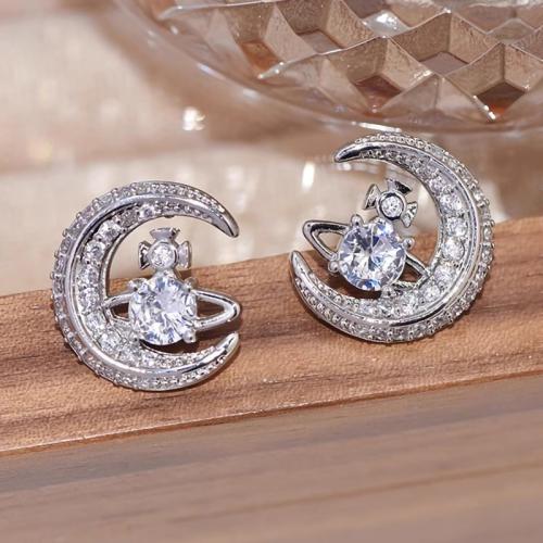 Brass Stud Earring, Moon, platinum plated, micro pave cubic zirconia & for woman, 14x15mm, Sold By Pair