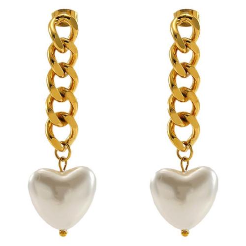 Acero inoxidable gota pendiente, acero inoxidable 304, con Perlas plásticas, Corazón, 18K chapado en oro, Joyería & para mujer, dorado, 54mm, Vendido por Par