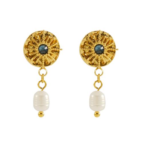 Stainless Steel Drop Earring, 304 Stainless Steel, with Plastic Pearl, 18K gold plated, fashion jewelry & for woman & with rhinestone, golden, 26mm, Sold By Pair