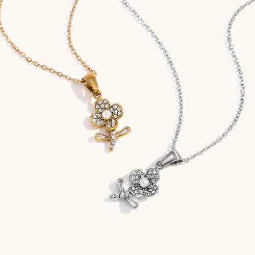 Stainless Steel Jewelry Necklace, 304 Stainless Steel, with 5cm extender chain, Flower, Vacuum Ion Plating, fashion jewelry & for woman & with rhinestone, more colors for choice, 10.90x24.50mm, Length:Approx 40 cm, Sold By PC