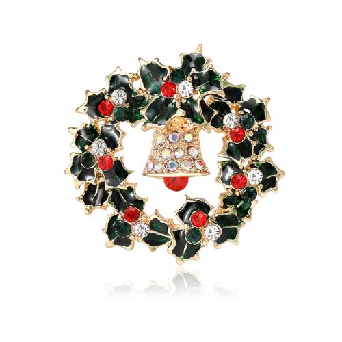 Christmas Brooches, Tibetan Style, Christmas Wreath, gold color plated, Christmas Design & for woman & enamel & with rhinestone, green, nickel, lead & cadmium free, 40x40mm, Sold By PC