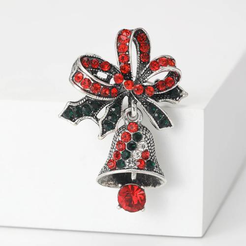 Broches de Navidad, aleación de zinc, Cascabel de Navidad, chapado en color de plata, Diseño de Navidad & para mujer & con diamantes de imitación, Rojo, libre de níquel, plomo & cadmio, 30x41mm, Vendido por UD