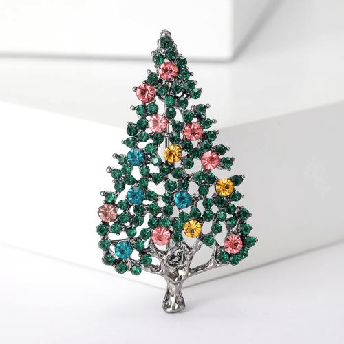 Broches de Navidad, aleación de zinc, Árbol de Navidad, pistola de color negro chapado, Diseño de Navidad & para mujer & con diamantes de imitación, verde, libre de níquel, plomo & cadmio, 27x50mm, Vendido por UD