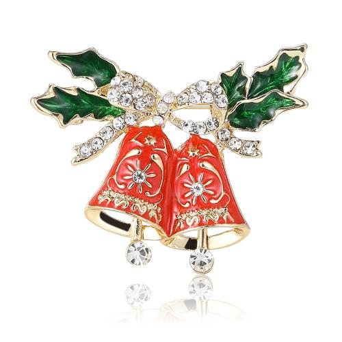 Christmas Brooches, Tibetan Style, Christmas Bell, gold color plated, Christmas Design & Unisex & enamel & with rhinestone, red, nickel, lead & cadmium free, 32x40mm, Sold By PC