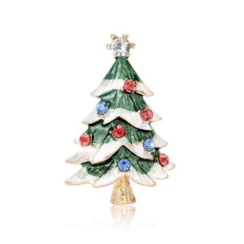 Broches de Navidad, aleación de zinc, Árbol de Navidad, chapado en color dorado, Diseño de Navidad & para mujer & esmalte & con diamantes de imitación, verde, libre de níquel, plomo & cadmio, 20x21mm, Vendido por UD