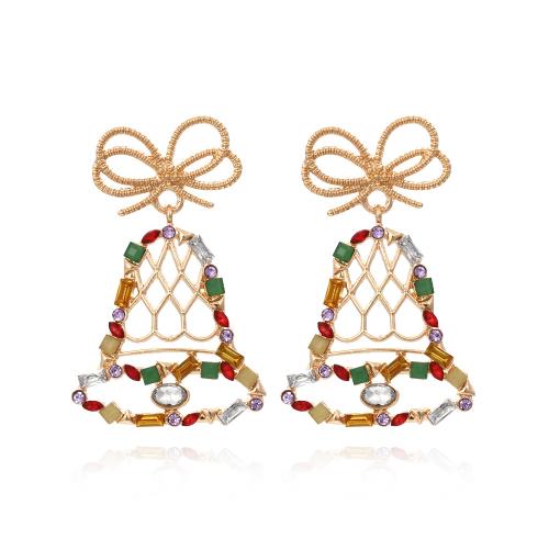 Boucles d'oreilles de Noël, alliage de zinc, cloche de noël, Placage de couleur d'or, Conception de Noël & bijoux de mode & pour femme & avec strass, multicolore, protéger l'environnement, sans nickel, plomb et cadmium, 55x35mm, Vendu par paire