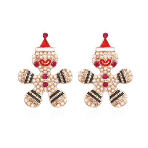 Christmas Earrings, Tibetan Style, with Plastic Pearl, Gingerbread Man, gold color plated, Christmas Design & fashion jewelry & for woman & enamel & with rhinestone, more colors for choice, nickel, lead & cadmium free, 31x43mm, Sold By Pair