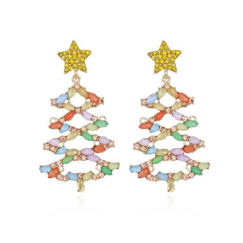 Boucles d'oreilles de Noël, alliage de zinc, arbre de noël, Placage de couleur d'or, Conception de Noël & bijoux de mode & pour femme & avec strass, couleurs mélangées, protéger l'environnement, sans nickel, plomb et cadmium, 33x65mm, Vendu par paire