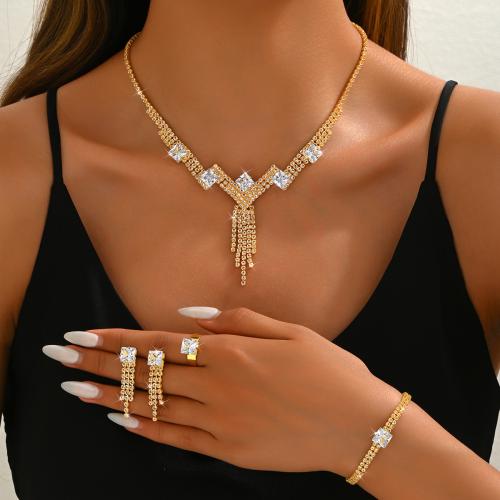 Brass Jewelry Set, finger ring & bracelet & earring & necklace, plated, for bridal & different styles for choice & with rhinestone, more colors for choice, nickel, lead & cadmium free, Sold By Set