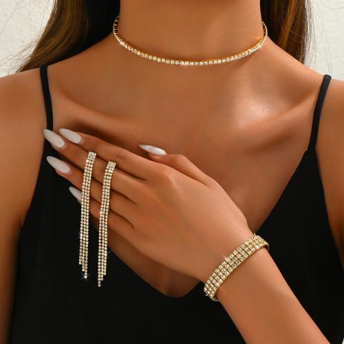 Brass Jewelry Set bracelet & earring & necklace plated three pieces & for bridal & with rhinestone nickel lead & cadmium free Sold By Set