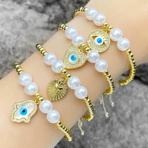 Cubic Zirconia Micro Pave Brass Bracelet, with Nylon Cord & Plastic Pearl, with 14cm extender chain, gold color plated, fashion jewelry & different designs for choice & micro pave cubic zirconia & enamel, golden, Length:15 cm, Sold By PC