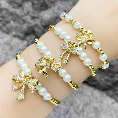 Cubic Zirconia Micro Pave Brass Bracelet, with Plastic Pearl, gold color plated, fashion jewelry & different designs for choice & micro pave cubic zirconia, golden, nickel, lead & cadmium free, Length:20 cm, Sold By PC