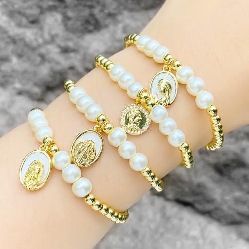 Cubic Zirconia Micro Pave Brass Bracelet with Plastic Pearl gold color plated fashion jewelry & micro pave cubic zirconia golden nickel lead & cadmium free Length 17 cm Sold By PC