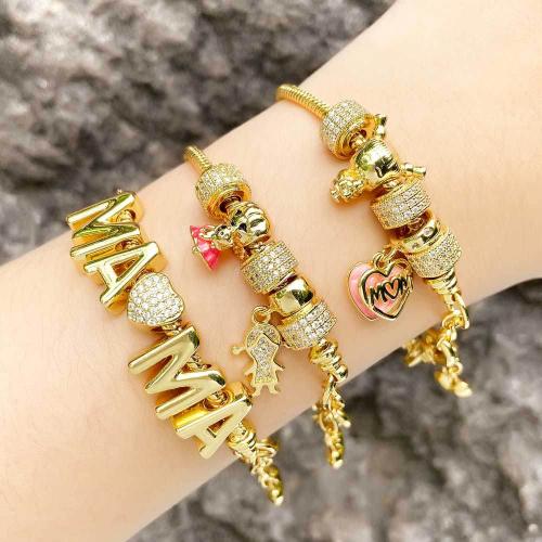 Cubic Zirconia Micro Pave Brass Bracelet with 5cm extender chain gold color plated fashion jewelry & micro pave cubic zirconia & enamel golden nickel lead & cadmium free Length 18 cm Sold By PC