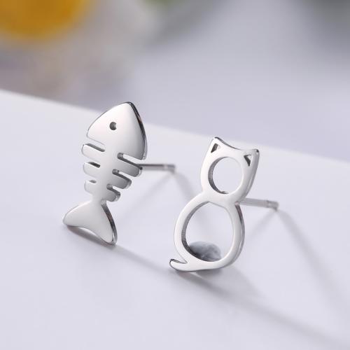 Stainless Steel Stud Earrings, 304 Stainless Steel, Cat and Fish, plated, fashion jewelry, more colors for choice, Sold By Pair