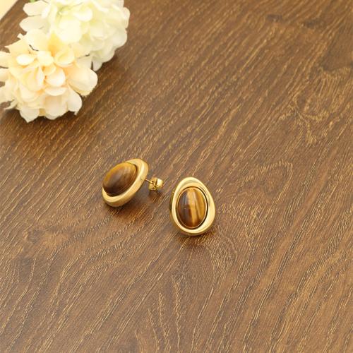 Stainless Steel Stud Earrings, 304 Stainless Steel, with Natural Stone, gold color plated, fashion jewelry, golden, 15.90x20.30mm, Sold By Pair