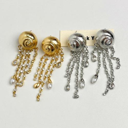 Tibetan Style Stud Earring, with Plastic Pearl, Shell, plated, fashion jewelry & for woman & with rhinestone, more colors for choice, 230x83mm, Sold By Pair