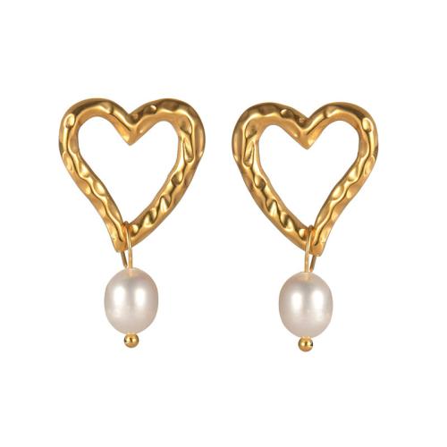 Stainless Steel Stud Earrings 304 Stainless Steel with Freshwater Pearl plated & for woman gold Sold By Pair