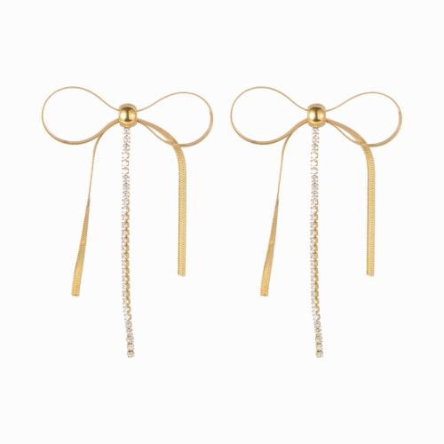 Stainless Steel Stud Earrings, 304 Stainless Steel, Bowknot, plated, micro pave cubic zirconia & for woman, gold, Sold By Pair