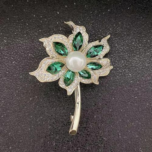 Tibetan Style Brooches, with Plastic Pearl, plated, for woman & with rhinestone, golden, 45x55mm, Sold By PC