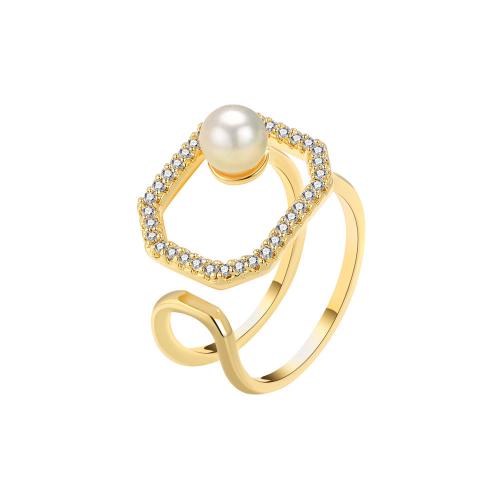 Cubic Zirconia Micro Pave Brass Ring, with Plastic Pearl, plated, micro pave cubic zirconia & for woman, golden, Sold By PC