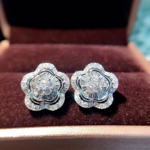 Brass Stud Earring Flower platinum plated micro pave cubic zirconia & for woman Sold By Pair