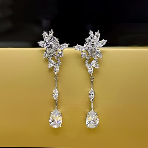 Brass Drop Earring Flower platinum plated micro pave cubic zirconia & for woman Sold By Pair