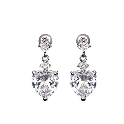 Brass Drop Earring Heart platinum plated micro pave cubic zirconia & for woman Sold By Pair