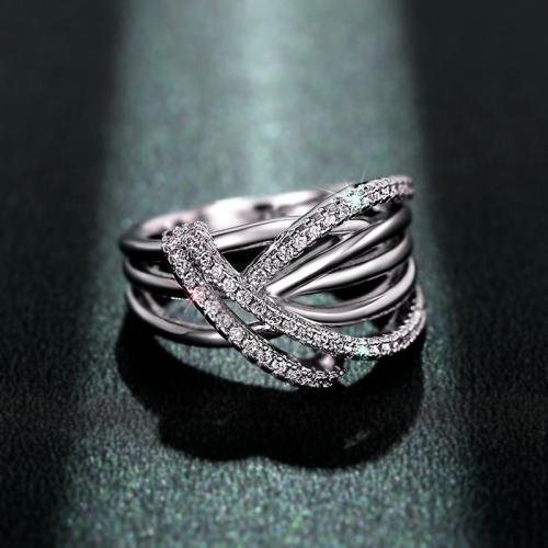 Brass Finger Ring Geometrical Pattern platinum plated & micro pave cubic zirconia & for woman & hollow US Ring Sold By PC