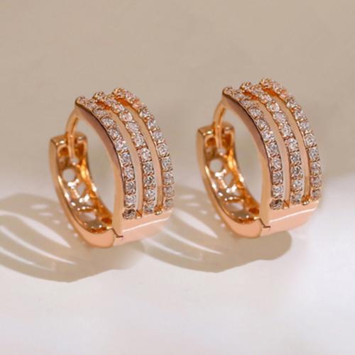 Brass Huggie Hoop Earring rose gold color plated micro pave cubic zirconia & for woman Sold By Pair