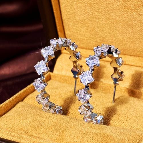 Brass Stud Earring Rhombus platinum plated micro pave cubic zirconia & for woman 30mm Sold By Pair