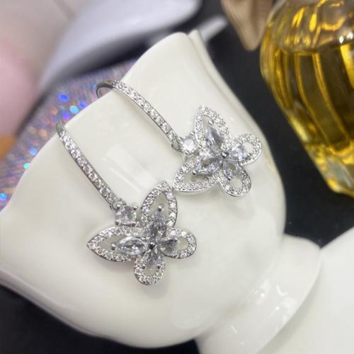 Brass Drop Earring Butterfly platinum plated micro pave cubic zirconia & for woman & hollow Sold By Pair