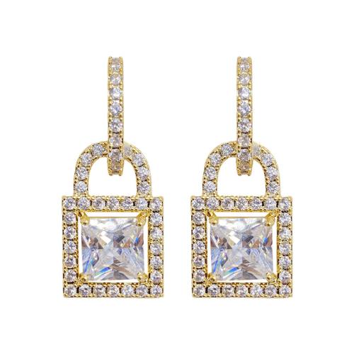 ottone orecchini a goccia, Motivo geometrico, placcato color oro, Micro spianare cubic zirconia & per la donna & cavo, 11x25mm, Venduto da coppia