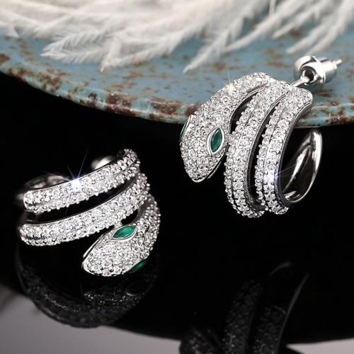 Brass Stud Earring Snake platinum plated micro pave cubic zirconia & for woman Sold By Pair