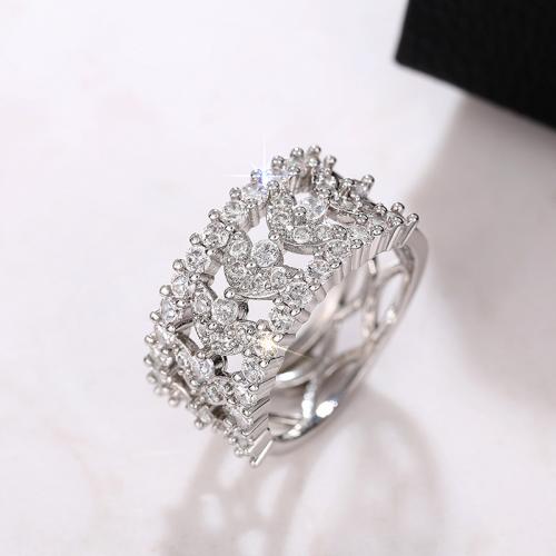 metal anillo, Flor, chapado en platina real, diverso tamaño para la opción & micro arcilla de zirconia cúbica & para mujer & hueco, tamaño:6-10, Vendido por UD