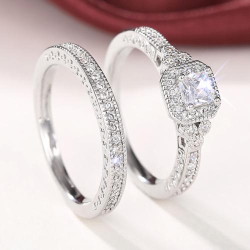 Brass Ring Set Geometrical Pattern plated 2 pieces & micro pave cubic zirconia & for woman US Ring Sold By Set