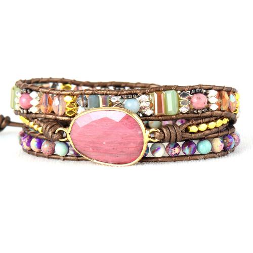 Gemstone Bracelets, Natural Stone, with leather cord, handmade, fashion jewelry & multilayer & for woman, more colors for choice, Length:Approx 18 cm, Sold By PC