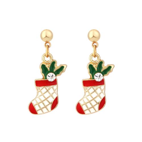 Christmas Earrings, Tibetan Style, Christmas Sock, gold color plated, Christmas Design & fashion jewelry & for woman & enamel & with rhinestone, nickel, lead & cadmium free, 33x13mm, Sold By Pair