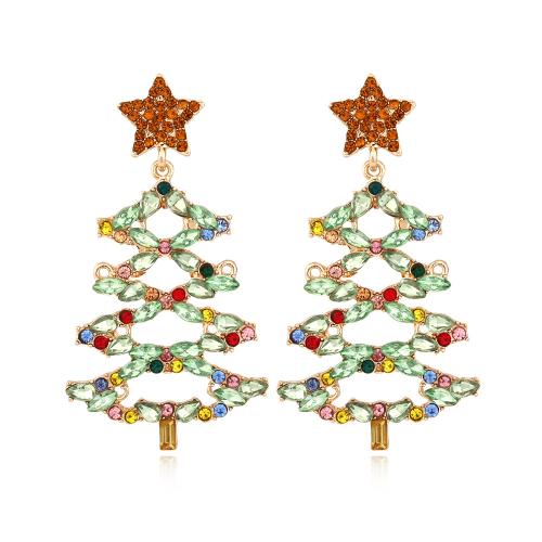 Pendientes de Navidad, aleación de zinc, Árbol de Navidad, chapado en color dorado, Diseño de Navidad & Joyería & para mujer & con diamantes de imitación, color mixto, libre de níquel, plomo & cadmio, 63x34mm, Vendido por Par