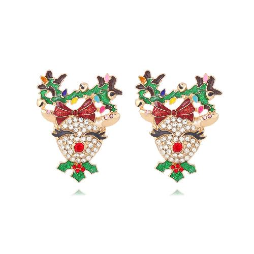 Boucles d'oreilles de Noël, alliage de zinc, renne de noël, Placage de couleur d'or, Conception de Noël & bijoux de mode & pour femme & émail, couleurs mélangées, protéger l'environnement, sans nickel, plomb et cadmium, 34x45mm, Vendu par paire